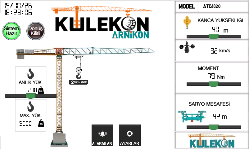 Kulekon operatör ekranında anlık yük, moment, kanca yüksekliği ve şaryo mesafesi